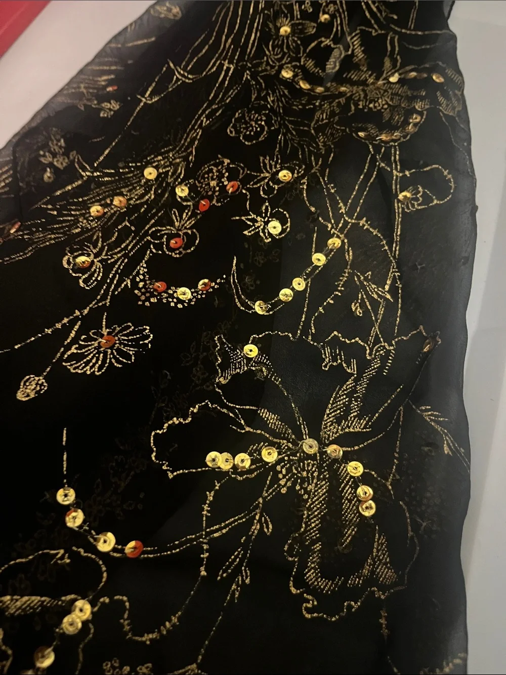 Vintage Black Sheer Scarf with Gold Metallic Floral Embroidery and Sequins S42